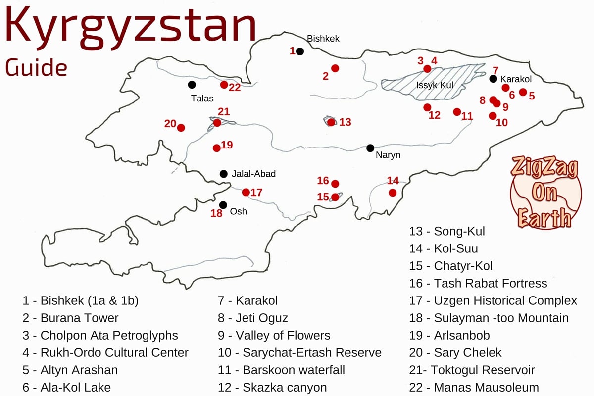 Tourism Kyrgyzstan Map - places to visit, travel guide