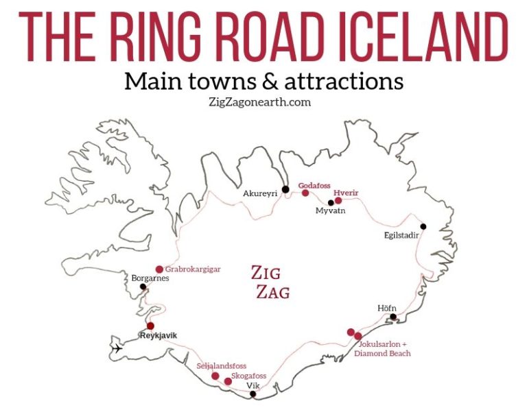 The Ring Road Iceland Map Attractions Towns 768x598 